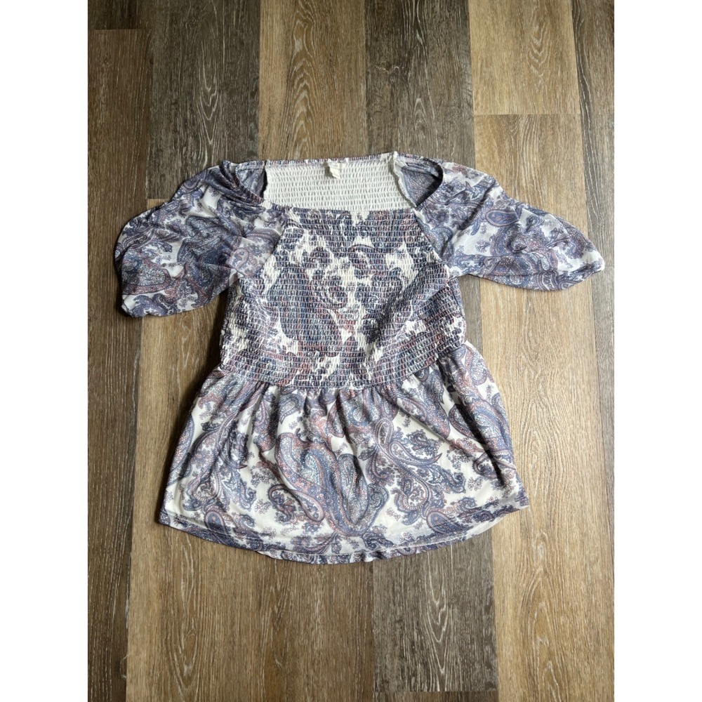 Est 1946 Paisley Smocked Peplum Top Womens Large Blue White Excellent Boho Puff